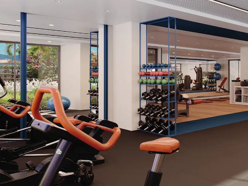 Academia completa do Grand Quartier Rio2 com bicicletas e aparelhos de musculação