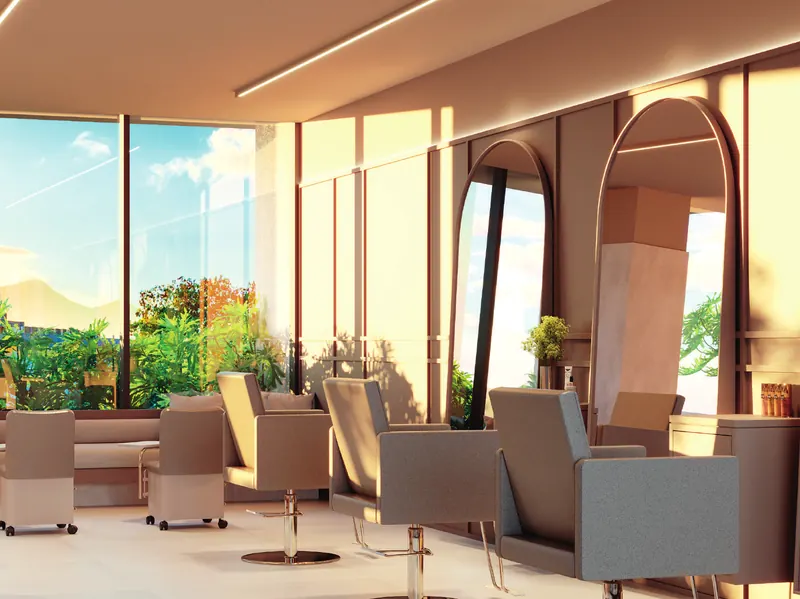 Espaço beauty do Grand Quartier Rio2 com espelhos e cadeiras de salão