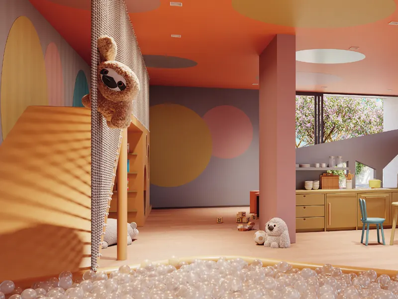 Espaço kids do Grand Quartier Rio2 com piscina de bolinhas e escorregador