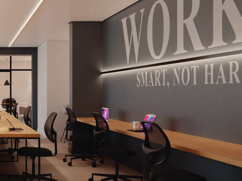 Workplace do Grand Quartier Rio2 com bancadas de trabalho