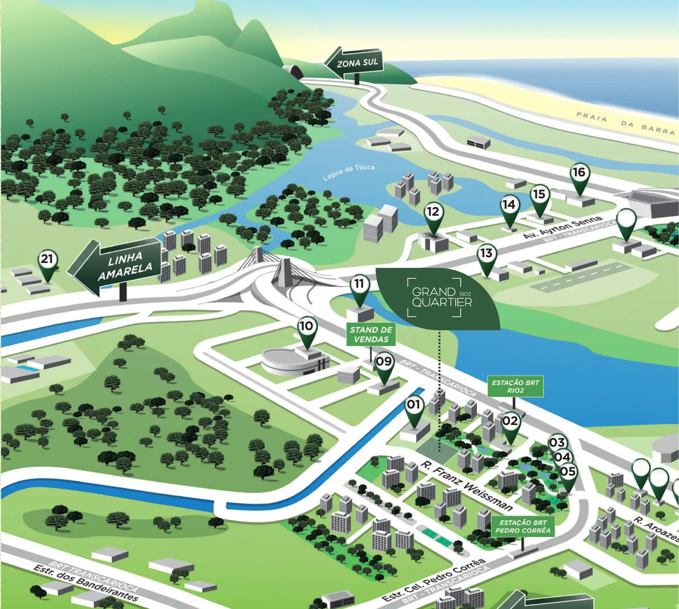 Mapa ilustrado do Rio2 com a localização do Grand Quartier Rio2 na Rua Franz Weissman, perto da Lagoa da Tijuca, da Av. Ayrton Senna e das estações do BRT