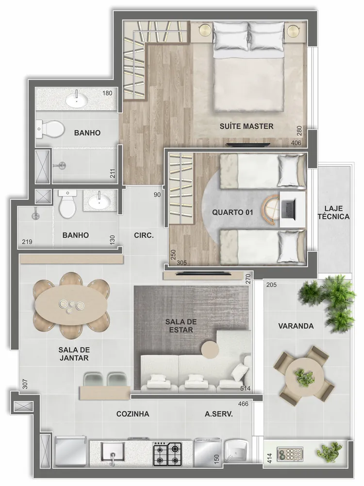 Planta do apartamento de 2 quartos com 69 m² do Grand Quartier Rio2, com suíte master, sala integrada e varanda