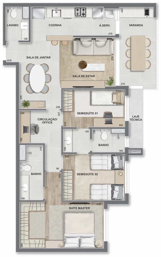 Planta do apartamento de 3 suítes com 99 m² do Grand Quartier Rio2, com lavabo, office e varanda