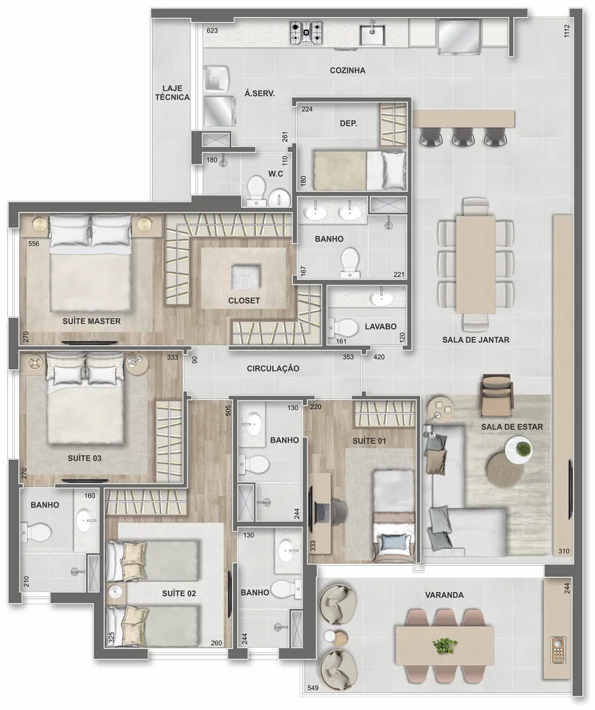 Planta do apartamento de 4 suítes com 145 m² do Grand Quartier Rio2, com closet, dependência e varanda