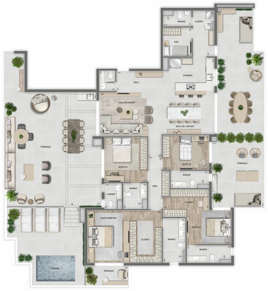 Planta da cobertura linear de 4 suítes com 339 m² do Grand Quartier Rio2, com terraços e piscina privativa