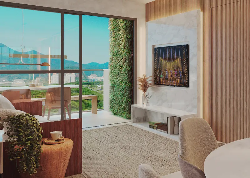 Sala decorada de apartamento de 3 suítes do Grand Quartier Rio2 com varanda e vista para as montanhas